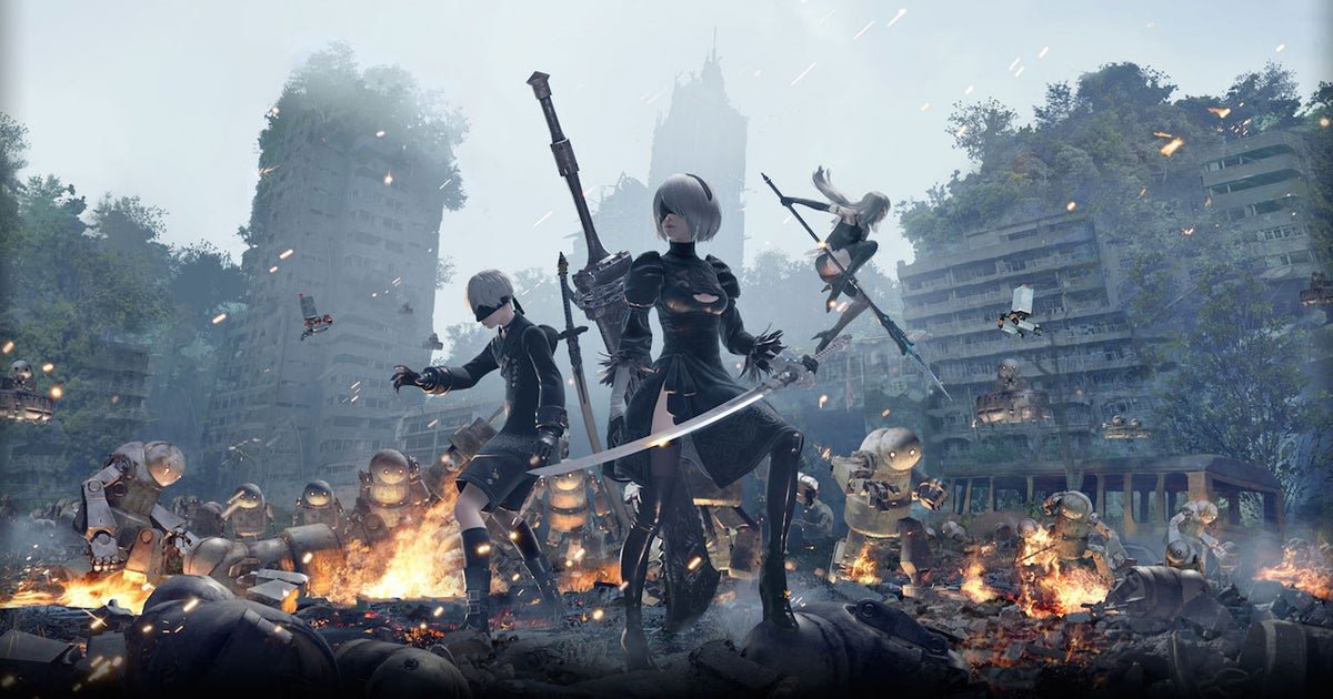 A panoramic shot of the ruined city landscape from NieR Automata featuring 2B looking over the overgrown rusted skyscrapers.