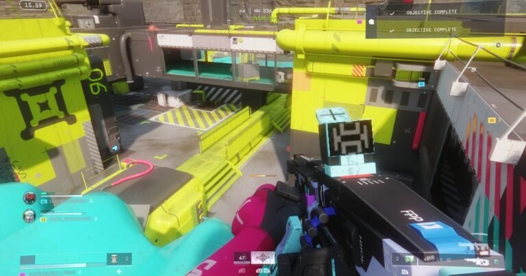 First-person perspective of a robotic character exploring a rainy overgrown technological landscape in the Marathon video game