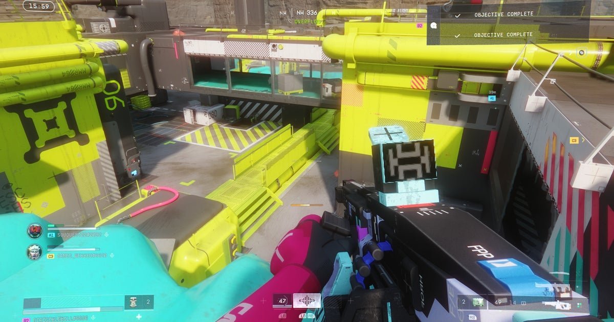 First-person perspective of a robotic character exploring a rainy overgrown technological landscape in the Marathon video game