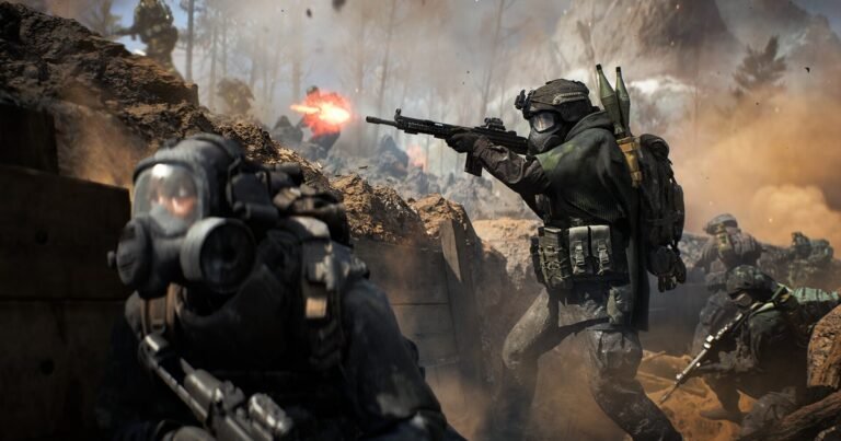 Soldiers in gas masks navigating a chemical fog on the new Contaminated map in Battlefield 6 Season 2.