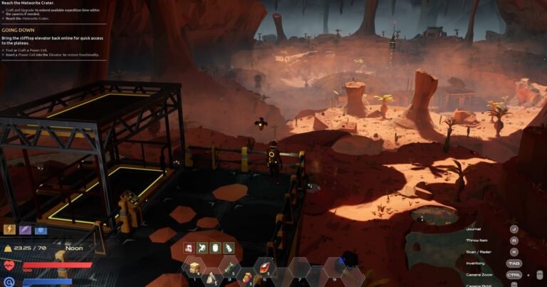 Detailed concept art of a lone female explorer and her hovering drone companion navigating a bioluminescent underground cavern in Aethus.