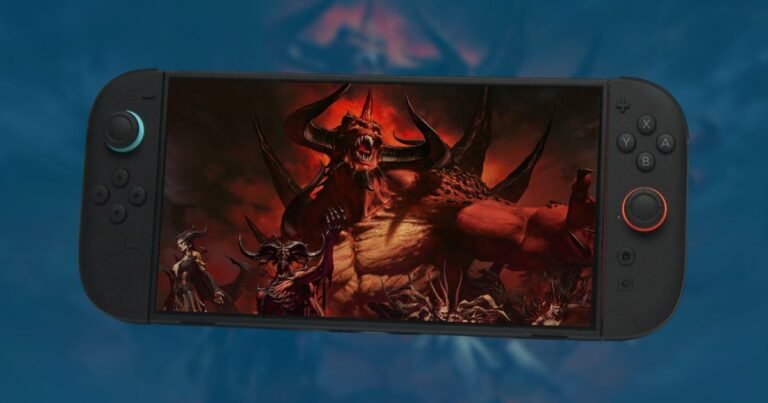 Handheld Nintendo Switch 2 console showing the gothic UI of Diablo 4 with Lilith looming in the background scenery