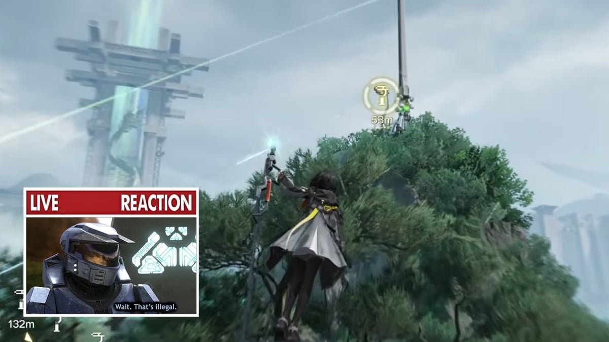 A high-altitude perspective of a character in Arknights Endfield standing on a rocky peak overlooking the misty Wuling Mountain range with a zipline stretching into the distance.