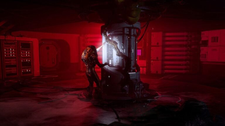 A cinematic wide shot of a futuristic undersea mining facility with glowing bioluminescent mold and bloodstained corridors in Cthulhu The Cosmic Abyss.