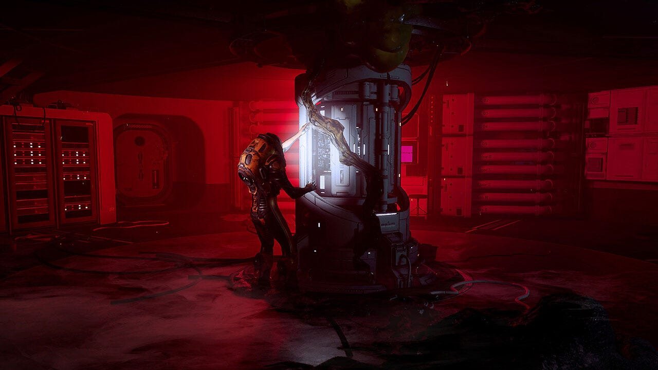 A cinematic wide shot of a futuristic undersea mining facility with glowing bioluminescent mold and bloodstained corridors in Cthulhu The Cosmic Abyss.