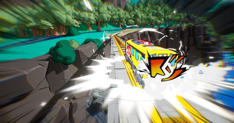 A colorful cel-shaded electric locomotive performing a mid-air barrel roll over a neon-lit urban cityscape in Denshattack!