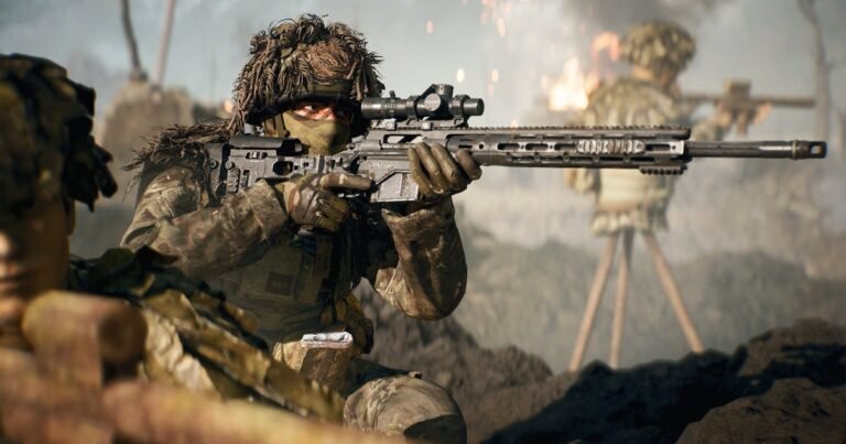 Soldier reloading an assault rifle in a dusty Battlefield 6 Season 2 map taking cover from tank fire