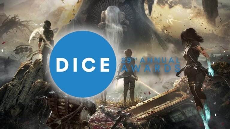 The development team of Sandfall Interactive celebrating their Game of the Year win for Clair Obscur Expedition 33 at the DICE Awards 2026 ceremony stage.