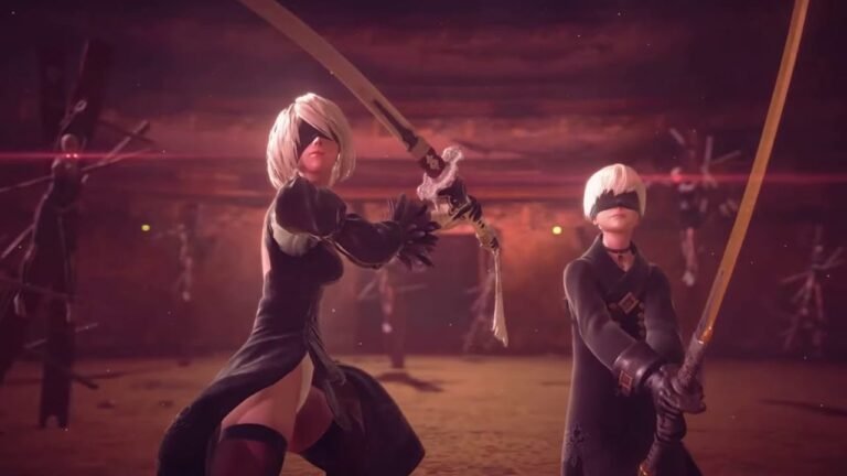 Alt Text: A cinematic view of 2B and 9S standing amidst the ruins of a collapsed city in Nier Automata, symbolizing the game's enduring legacy and recent sales milestone.