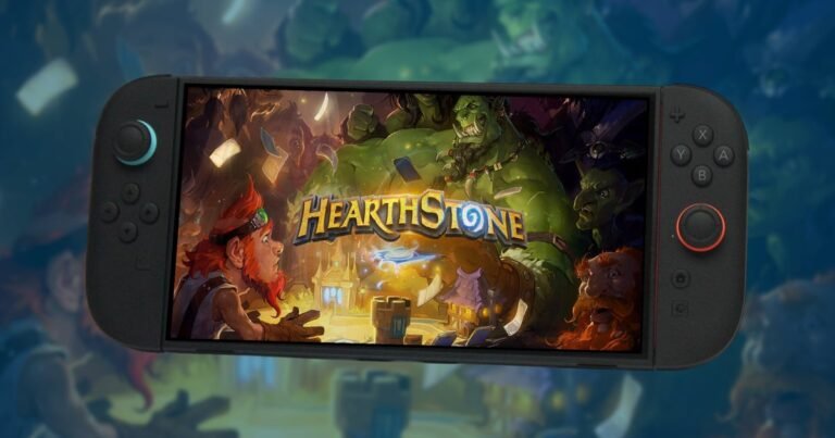 Digital card game interface displayed on a handheld gaming console with a blurred living room background, symbolizing portable console gaming.