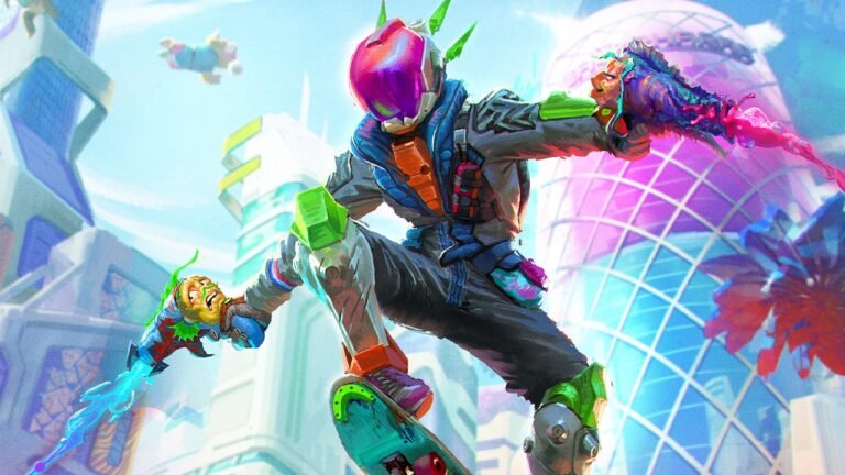 An alien protagonist grinding a neon rail on a sentient skateboard while firing a talking blue gun in High On Life 2