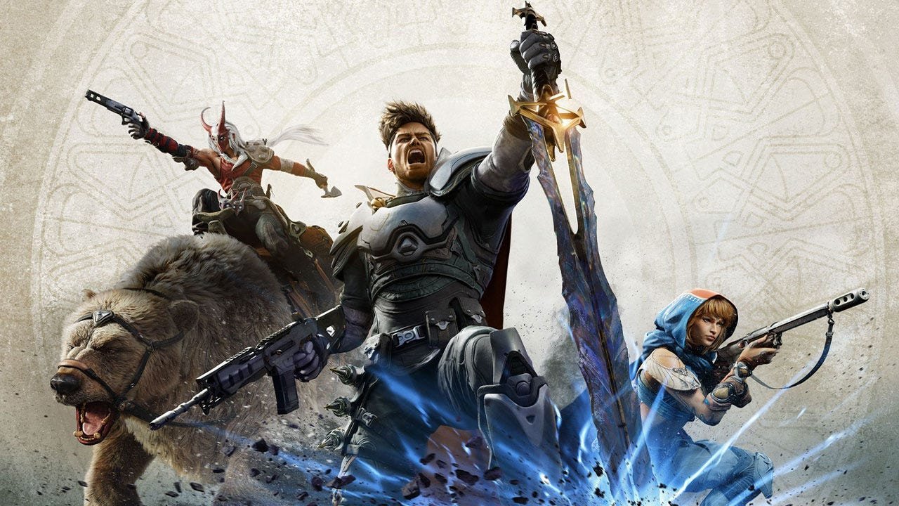 A Highguard gameplay screen on a high-end monitor showing an intense firefight alongside a mobile phone displaying a site unavailable error message.