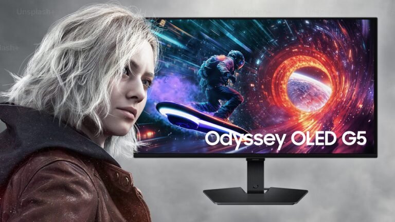 27-inch Samsung Odyssey OLED G50SF gaming monitor displaying Resident Evil Requiem gameplay at 1440p resolution and 180Hz.
