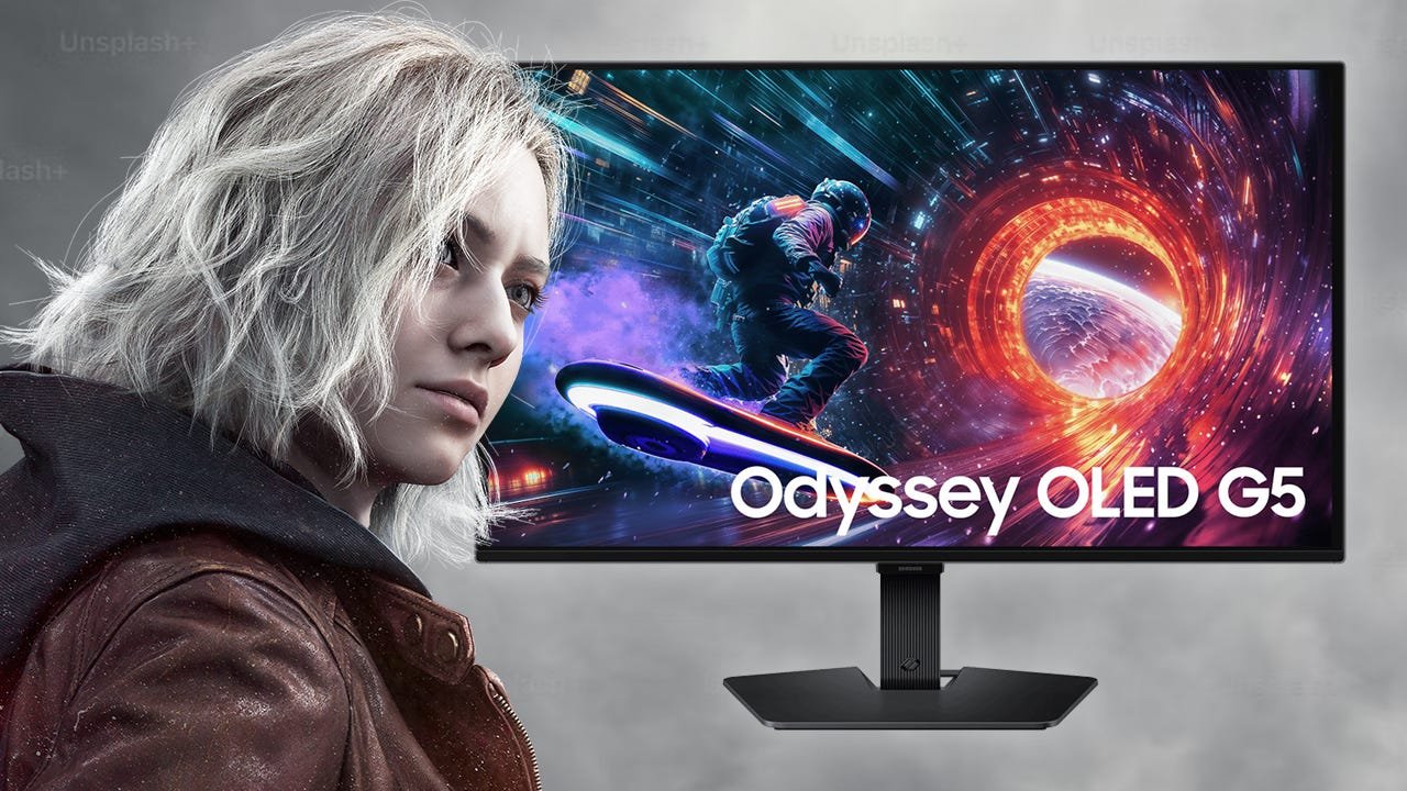 27-inch Samsung Odyssey OLED G50SF gaming monitor displaying Resident Evil Requiem gameplay at 1440p resolution and 180Hz.