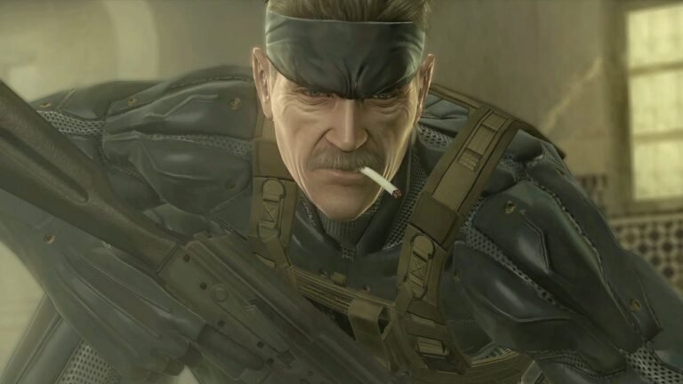 Metal Gear Solid 4 Guns of the Patriots game cover art displayed on a dusty PlayStation 3 console in a dark room