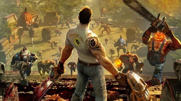 First-person gameplay of Serious Sam fighting Kleer Skeletons, highlighting engine performance and the recent South Korean rating board leak.