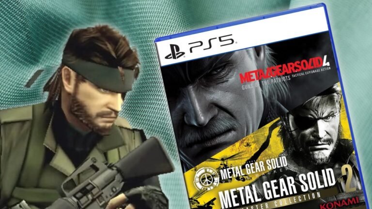 A high-resolution display showing Old Snake from Metal Gear Solid 4 running on a modern PlayStation 5 console setup.