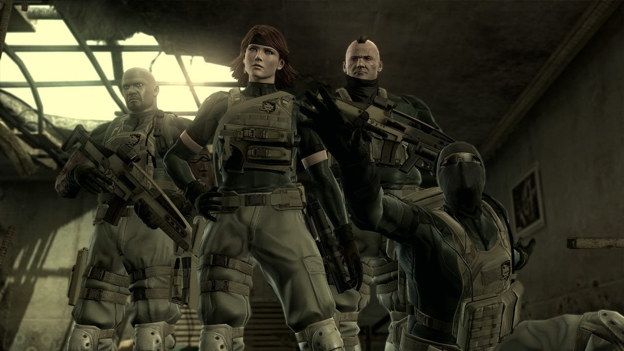 Old Snake from Metal Gear Solid 4 crouched in a warzone setting, highlighting the long-awaited multi-platform porting process.