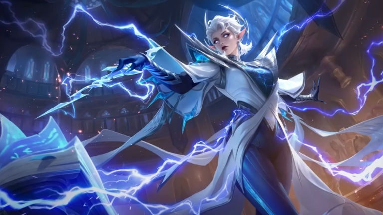 Eudora from Mobile Legends casting powerful lightning strikes in the Land of Dawn, showcasing her revamped area-of-effect magical abilities.