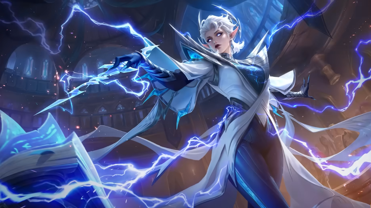 Eudora from Mobile Legends casting powerful lightning strikes in the Land of Dawn, showcasing her revamped area-of-effect magical abilities.