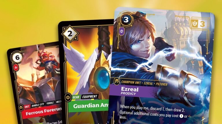 Detailed close-up of the Ezreal Prodigy and Master Yi cards from the Riftbound Spiritforged expansion resting on a wooden gaming mat.