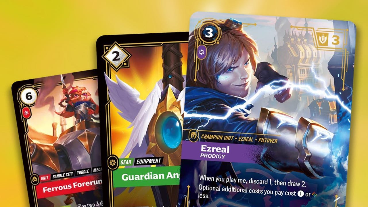 Detailed close-up of the Ezreal Prodigy and Master Yi cards from the Riftbound Spiritforged expansion resting on a wooden gaming mat.