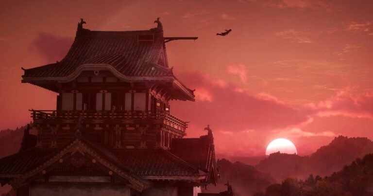 Detailed close-up of Naoe performing a manual jump across a tiled rooftop in Assassin's Creed Shadows on Nintendo Switch 2.