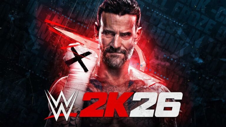 WWE 2K26 cover athlete CM Punk performing his signature entrance on a high-definition wrestling stage in a video game screenshot.