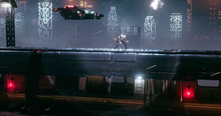 Alt text: A cinematic pixel-art cityscape from the game Replaced featuring neon lights reflecting in rain puddles on a dystopian street.