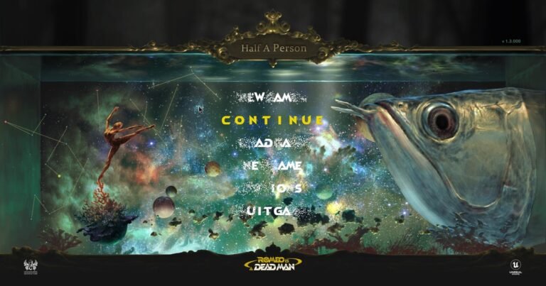 A surreal digital aquarium featuring a teleporting ink-black fish and floating planets from the video game Romeo is a Dead Man.