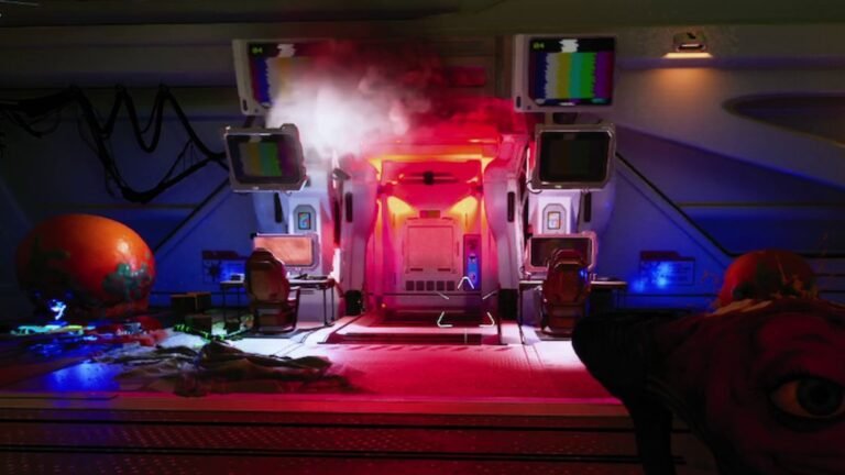 A gamer sitting in a dimly lit room holding a PS5 DualSense controller while looking at a massive digital library of games on a large OLED screen.