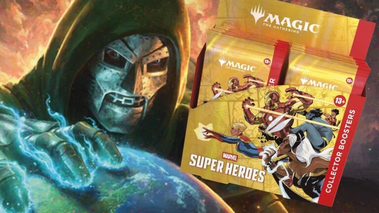 A close-up of a Marvel Super Heroes Collector Booster pack for Magic The Gathering resting on a gaming mat with Iron Man artwork.