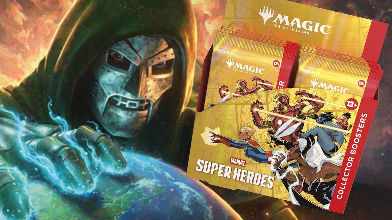 A close-up of a Marvel Super Heroes Collector Booster pack for Magic The Gathering resting on a gaming mat with Iron Man artwork.