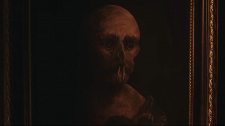 A cinematic still of a dimly lit Victorian room where a man reads William Blake poetry near a falling painting in Layers of Fear 3.