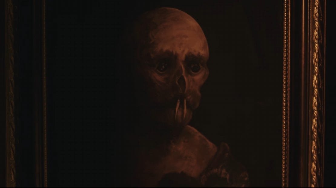 A cinematic still of a dimly lit Victorian room where a man reads William Blake poetry near a falling painting in Layers of Fear 3.