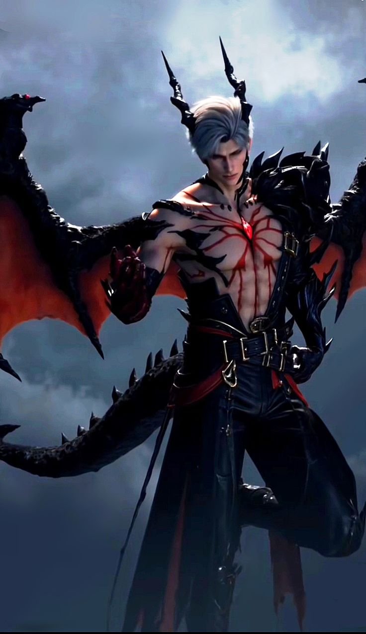 Sylus in his dragon-human form from the Beyond Cloudfall Myth standing amidst the ancient ruins of Philos.