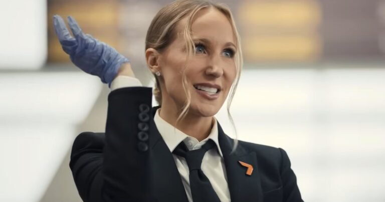 A male actor portraying a security officer in a Call of Duty Black Ops 7 advertisement threatening a passenger at an airport security checkpoint.