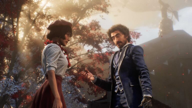 Detailed digital recreation of a sunset over a fictionalized Miami skyline in GTA VI featuring palm trees and neon lights.