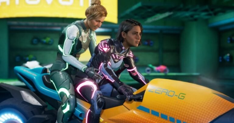 Josef Fares posing in a motion capture studio with three actors in mocap suits for his next Hazelight Studios project.