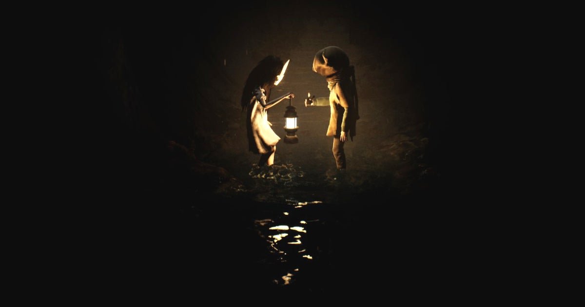 Two small silhouetted characters standing in a misty, grotesque landscape in Reanimal, the co-op horror game by Tarsier Studios.