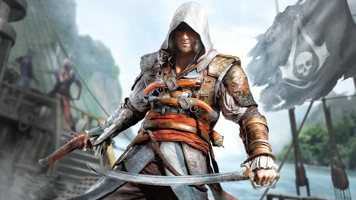 Edward Kenway standing on the deck of the Jackdaw during a tropical storm with Assassin's Creed Black Flag Resynced logo.