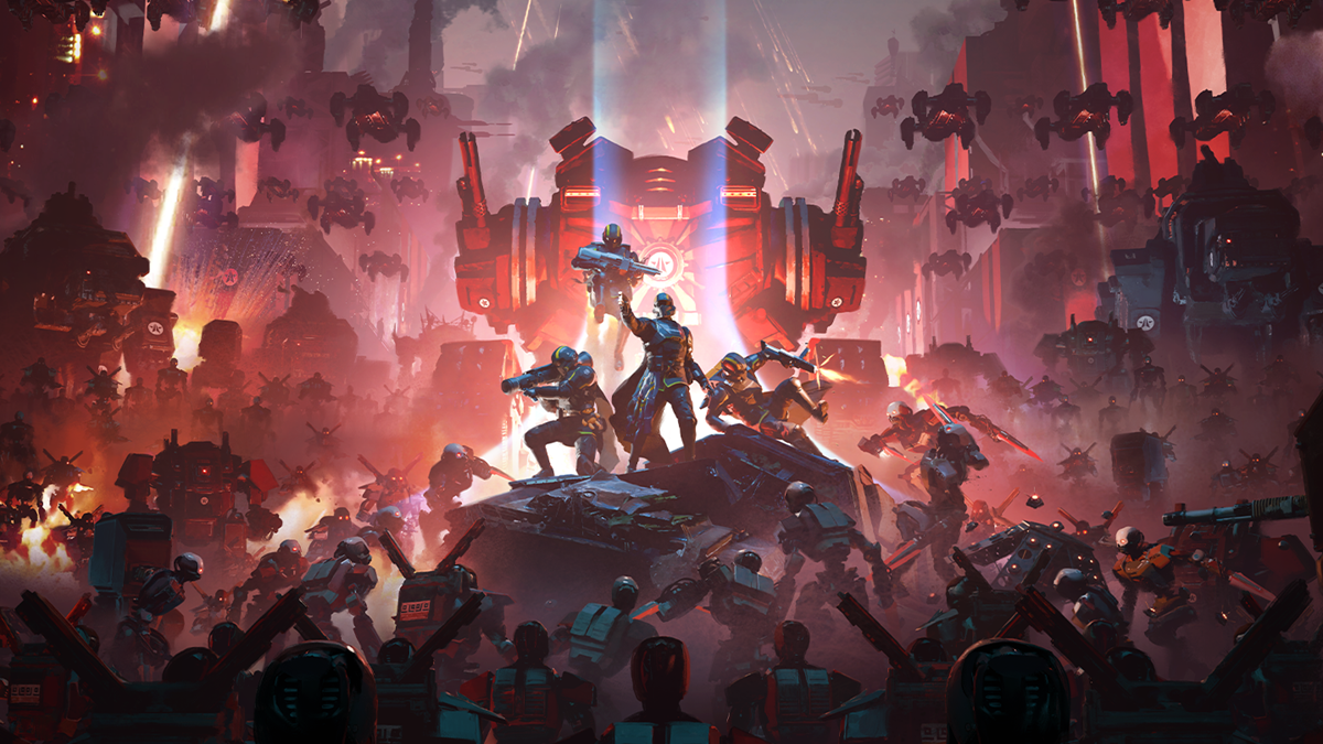 Helldivers 2 gameplay showing intense Termind swarm combat on PC with optimized 23 GB installation size.