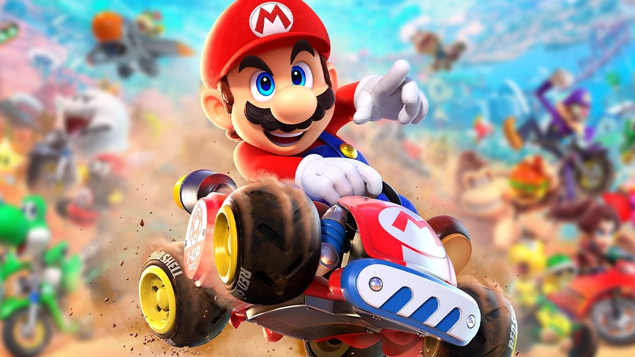 Mario Kart World gameplay running on Nintendo Switch 2, highlighting anti-grav track reflections during a heavy item usage race.