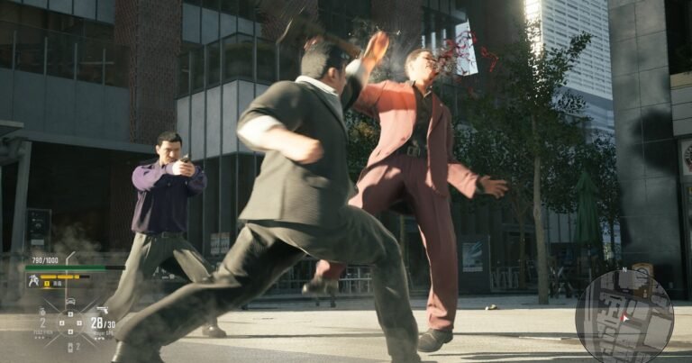 Toshihiro Nagoshi's Gang of Dragon showing technical performance issues in a rainy Shibuya-inspired district during a developer preview.