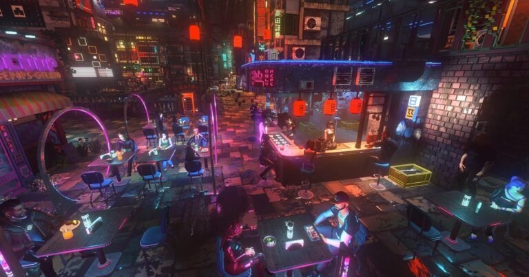 First-person view of neon-lit voxel streets in the Nivalis gameplay preview showing cyberpunk district exploration.