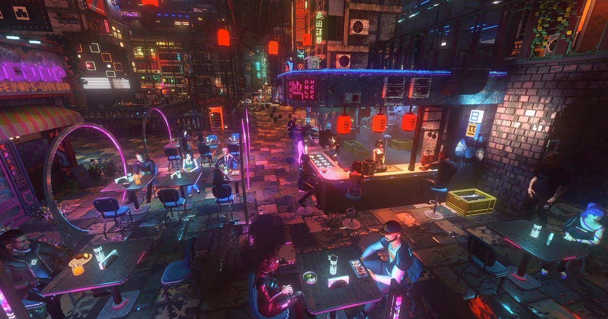 First-person view of neon-lit voxel streets in the Nivalis gameplay preview showing cyberpunk district exploration.