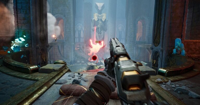 First-person view of Highguard gameplay showing severe frame rate drops and particle-heavy firefights at the C-Point objective.